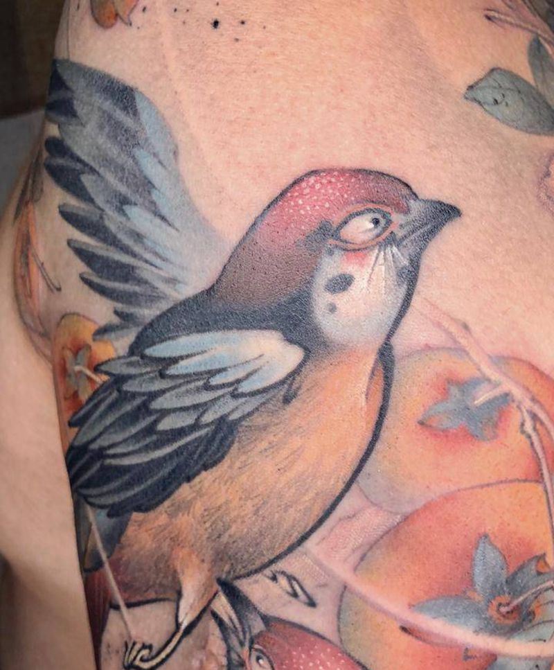 柿子谷双飛图纹身图片_手臂肩部新传统水墨花鸟画纹身图案