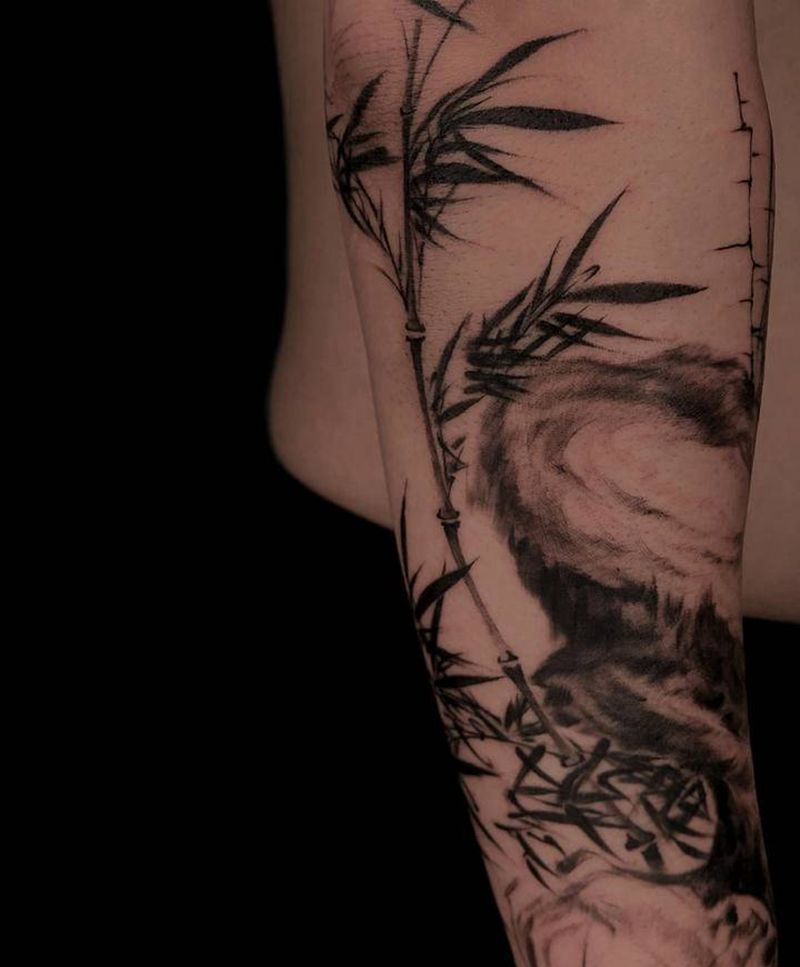 对话雪窓纹身图片_手臂手部水墨新传统墨竹写意画纹身图案
