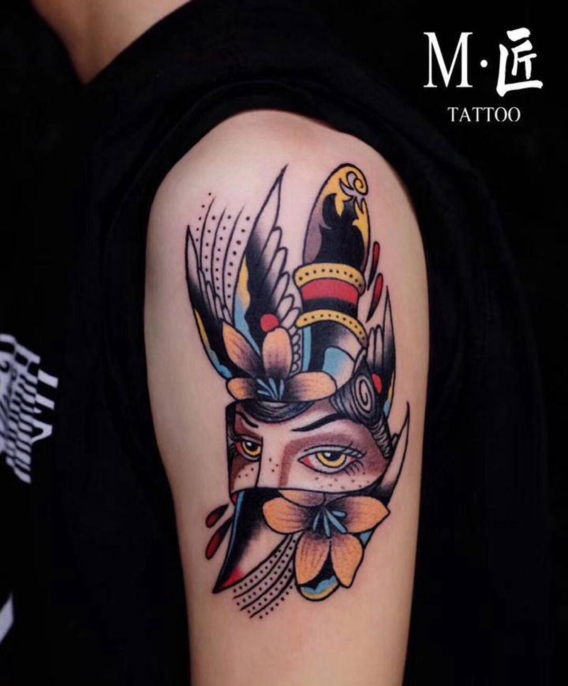 眼神纹身图片_手臂老传统Old School眼神纹身图案