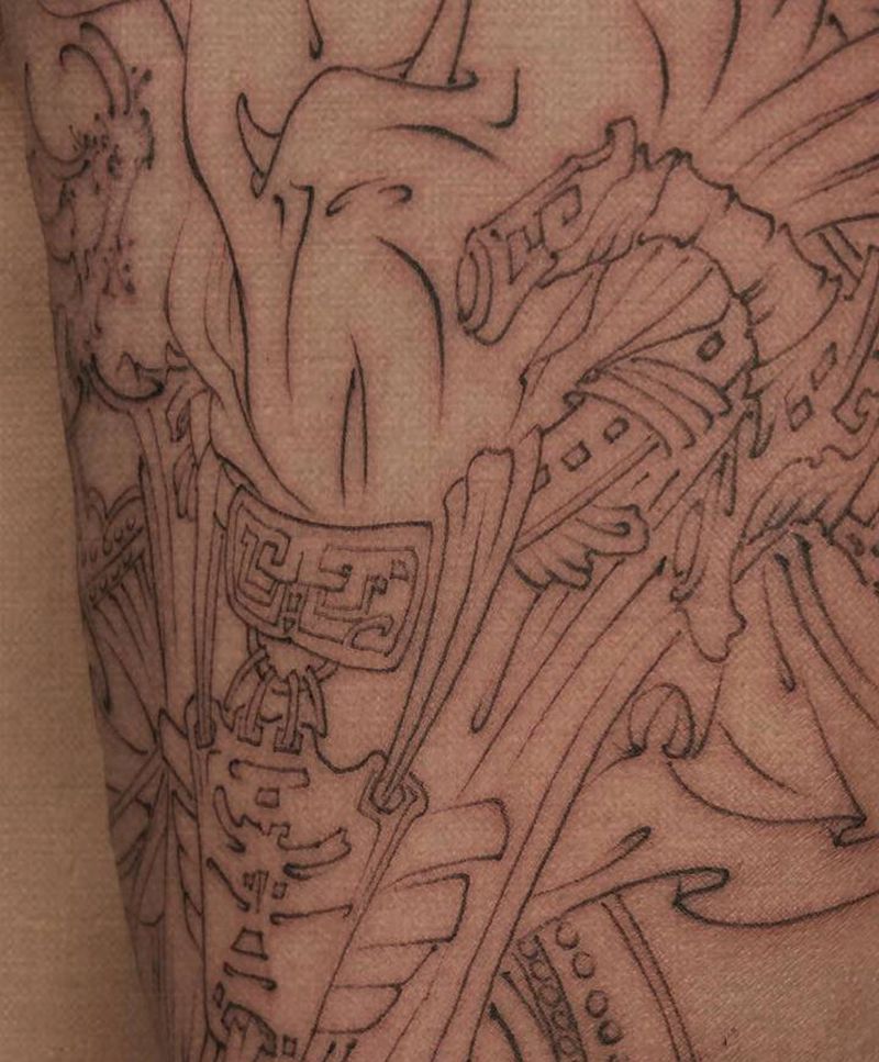 力士与战神纹身图片_肩部手臂新传统刑天白描纹身图案