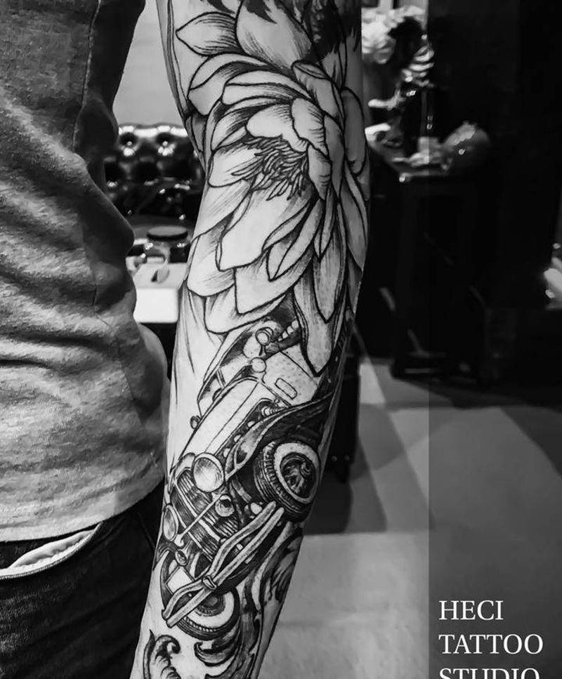昙花老爷车纹身图片_手臂纹身图案