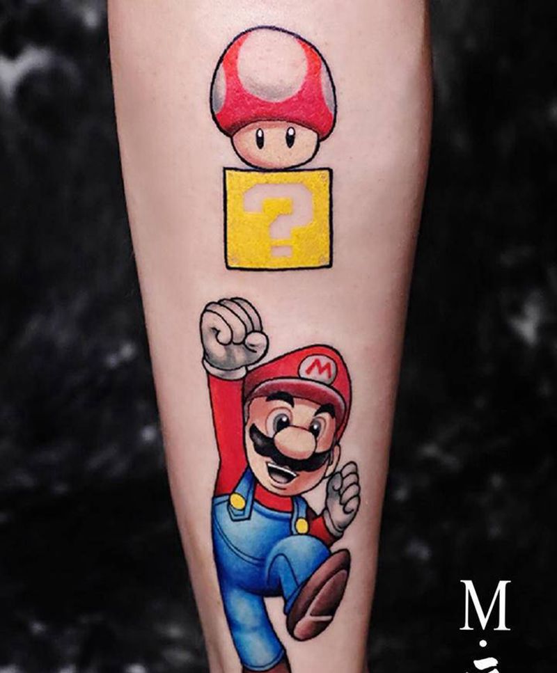 马里奥纹身图片_腿部欧美写实New School马里奥任天堂水彩纹身图案