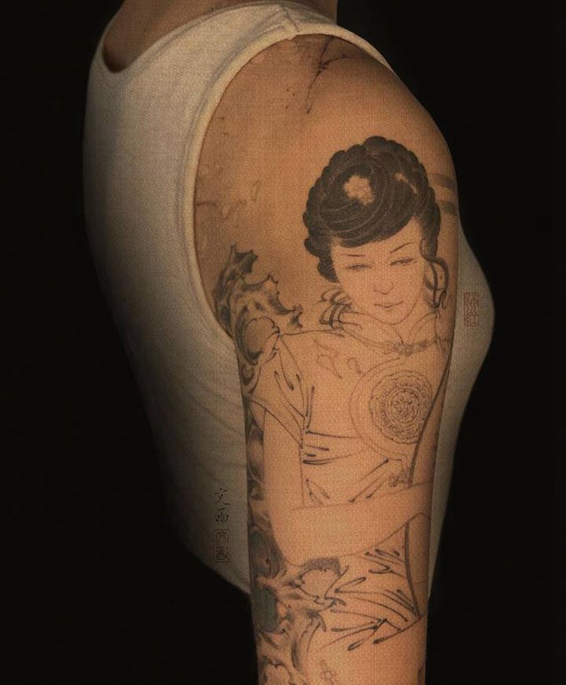 晚风纹身图片_肩部手臂新传统琵琶 人物芭蕉纹身图案