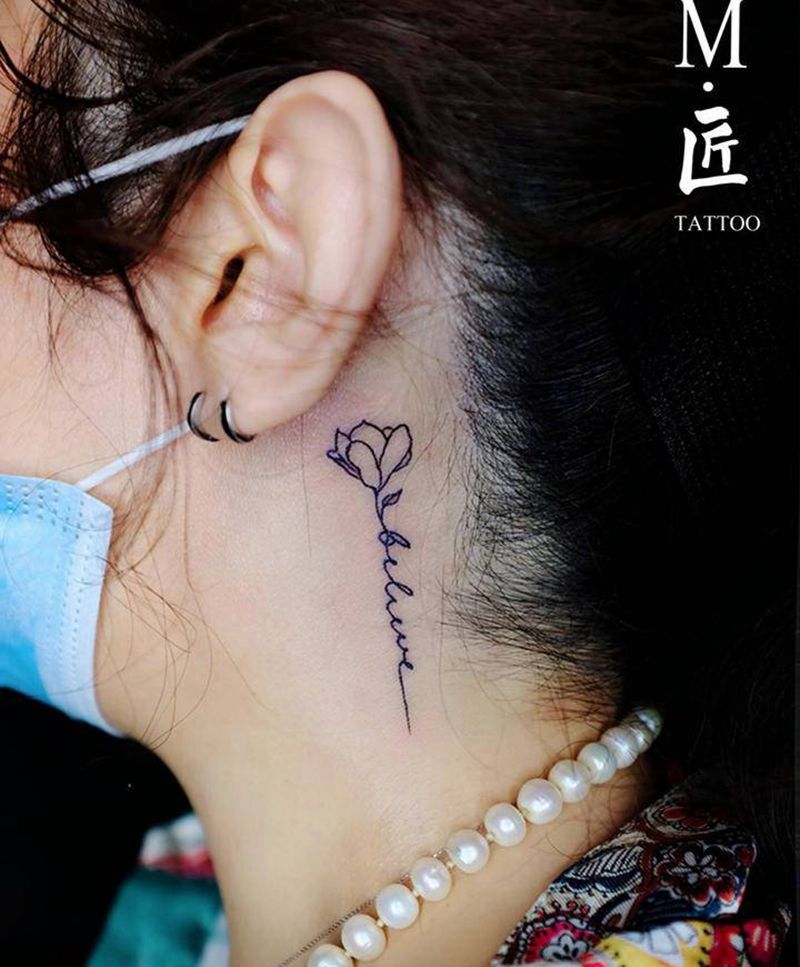 今日作品分享纹身图片_颈部几何小花耳后小清新纹身图案