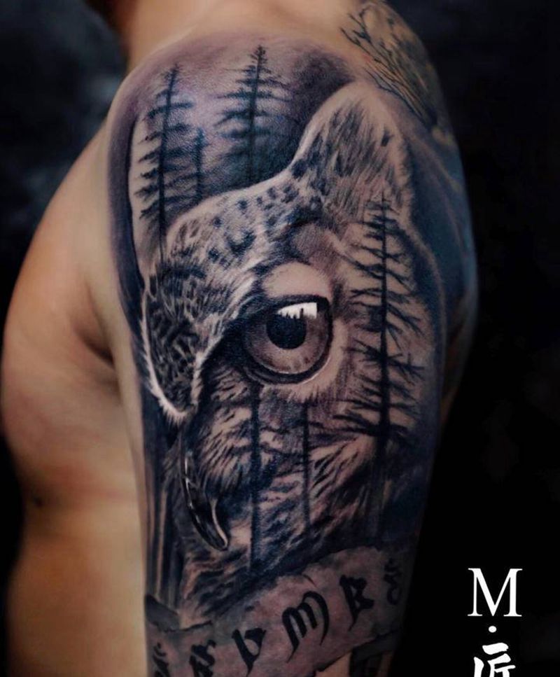 旧纹身覆盖纹身图片_手臂欧美写实猫头鹰写实欧美纹身图案