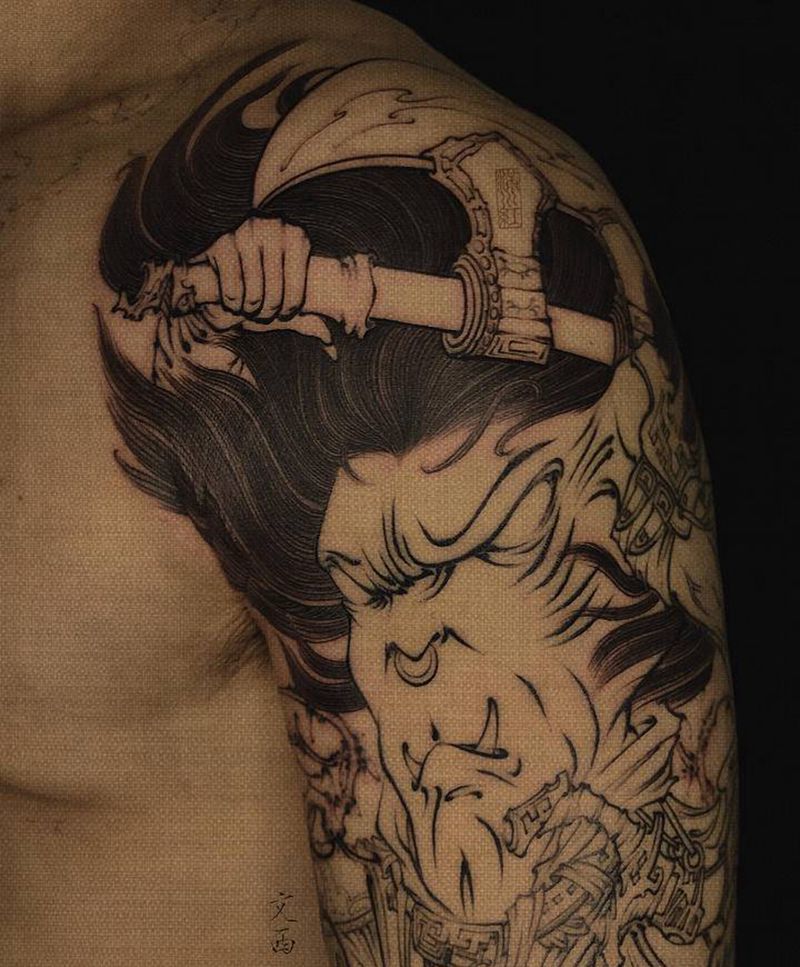 刑天局部纹身图片_肩部手臂新传统水墨刑天纹身图案