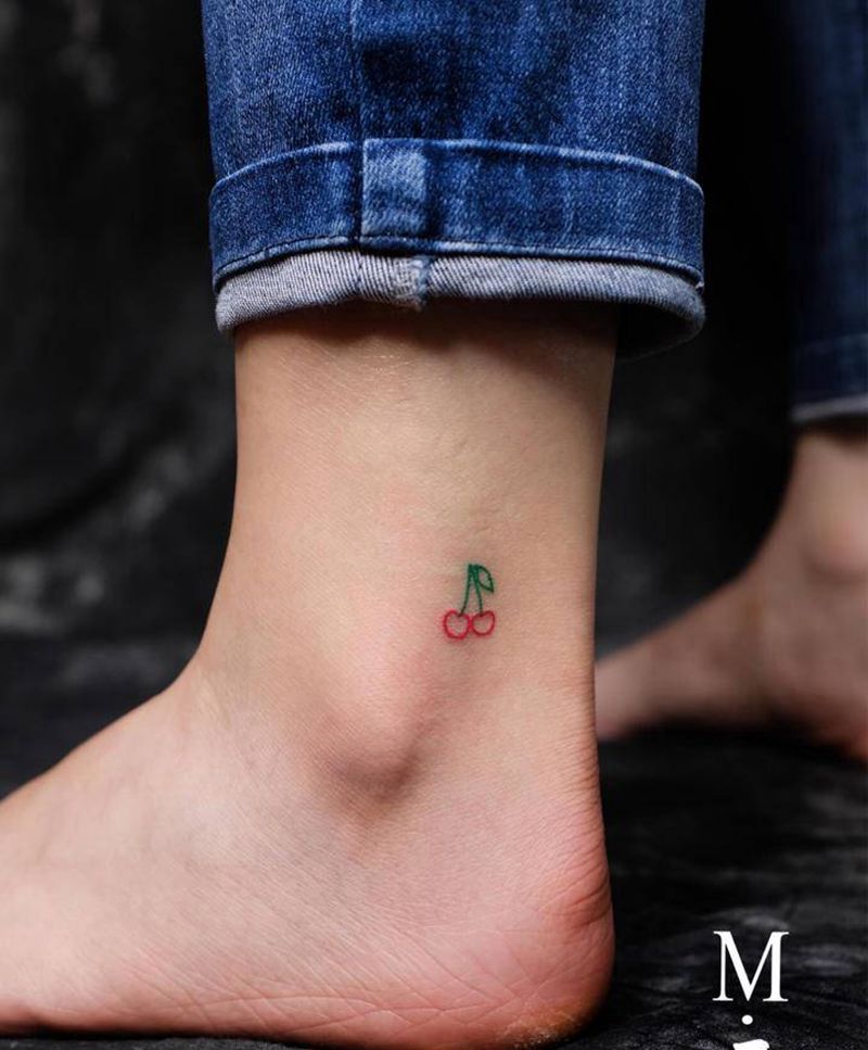 小清新纹身纹身图片_腿部脚部水彩几何樱桃小清新线条纹身图案