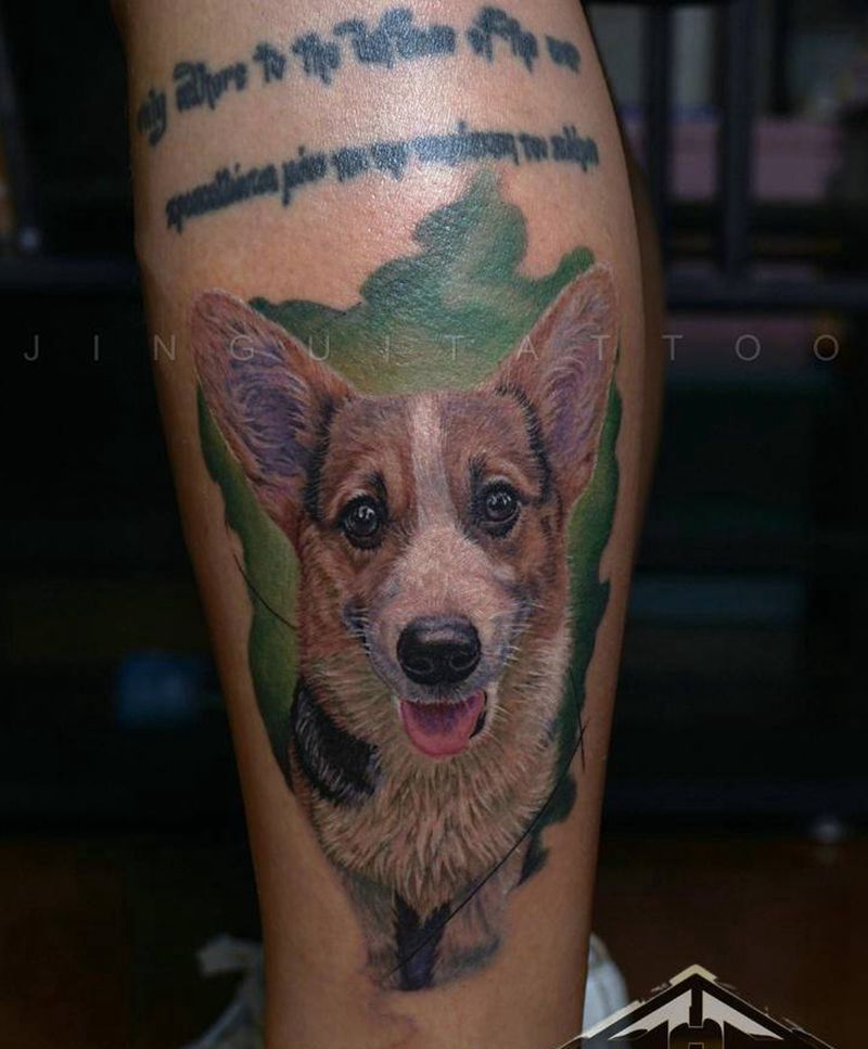 狗狗肖像纹身图片_腿部欧美写实狗彩色肖像爱犬纹身图案