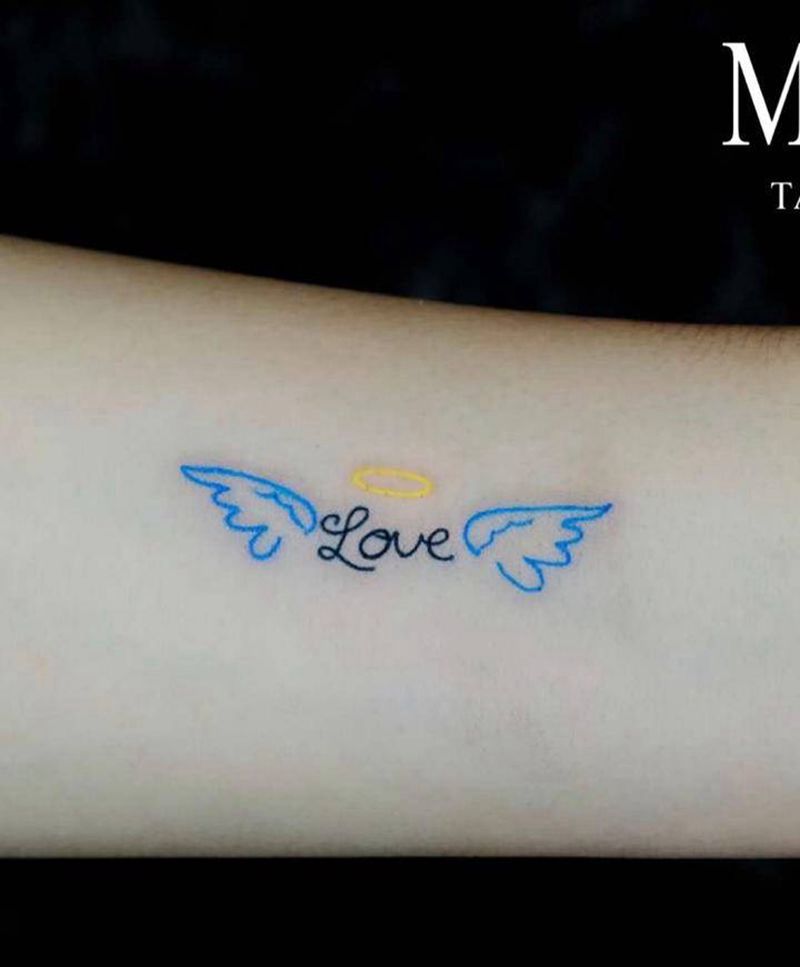 彩色线条纹身纹身图片_手臂水彩天使彩色线条纹身图案