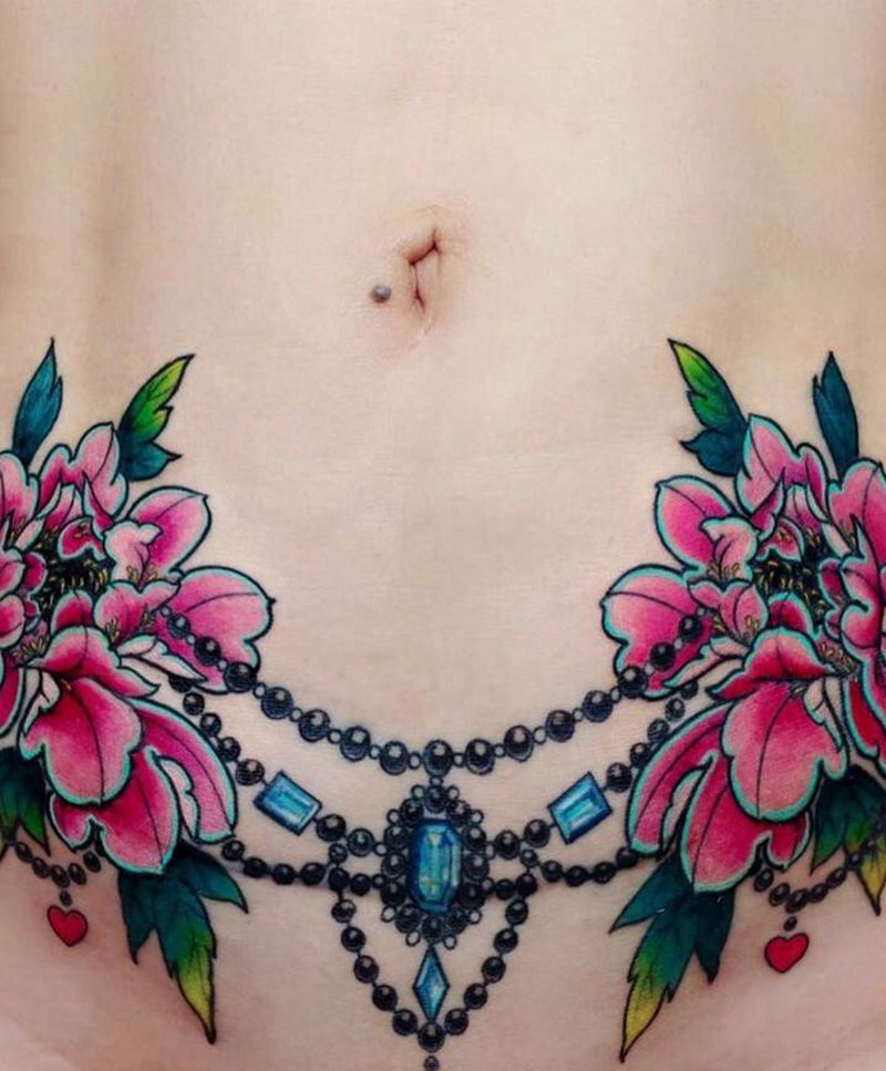 伤疤覆盖  性感纹身纹身图片_腹部水彩链条覆盖花朵纹身图案