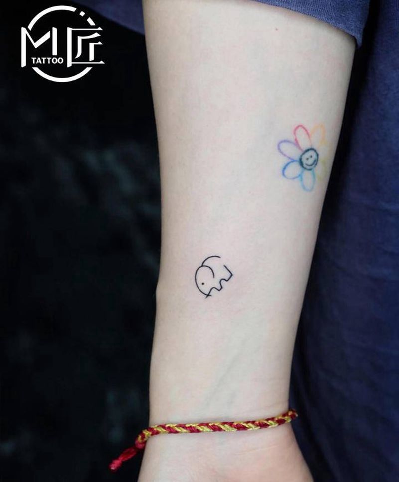 小清新 纹身纹身图片_手臂几何小清新线条小象纹身图案