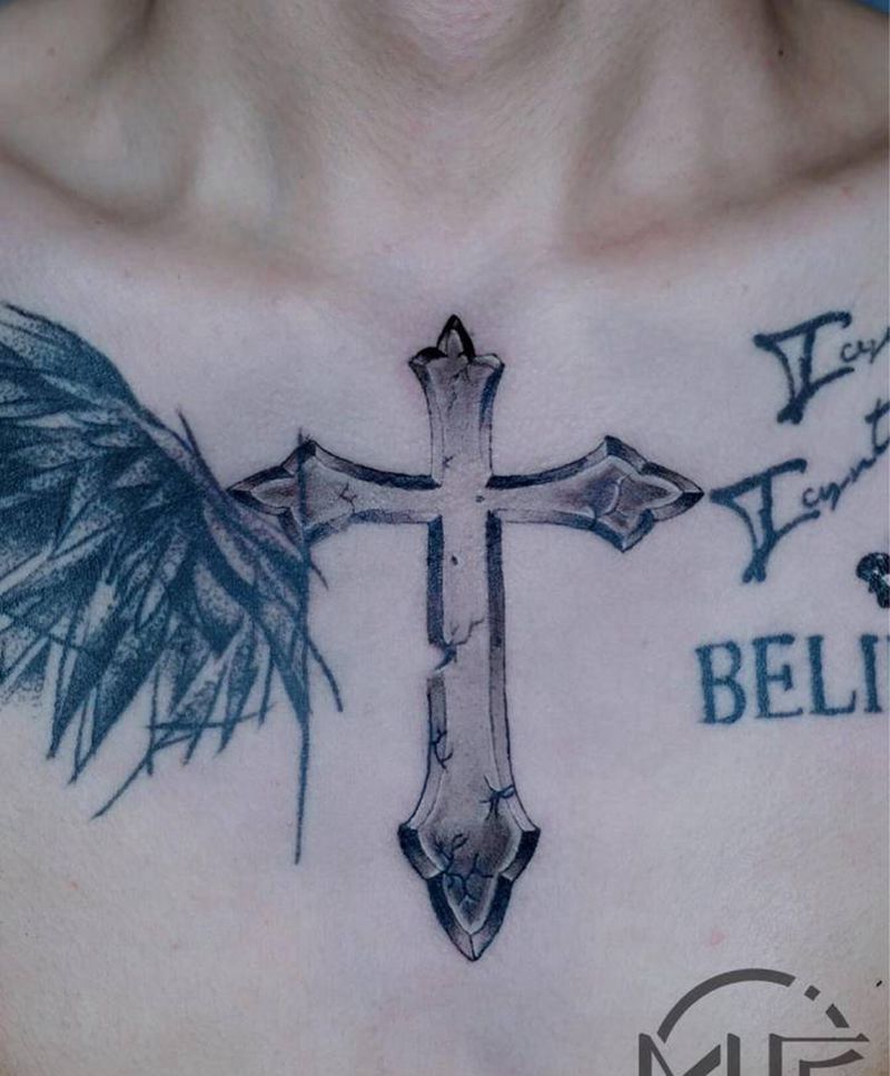 十字架纹身纹身图片_胸部New School十字架Justin Bieber同款纹身图案