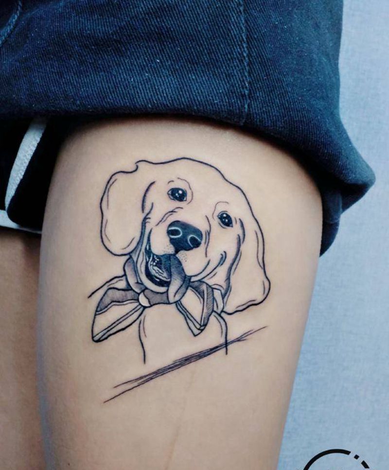 狗狗原创纹身纹身图片_腿部欧美写实New School线条小清新写实纹身图案