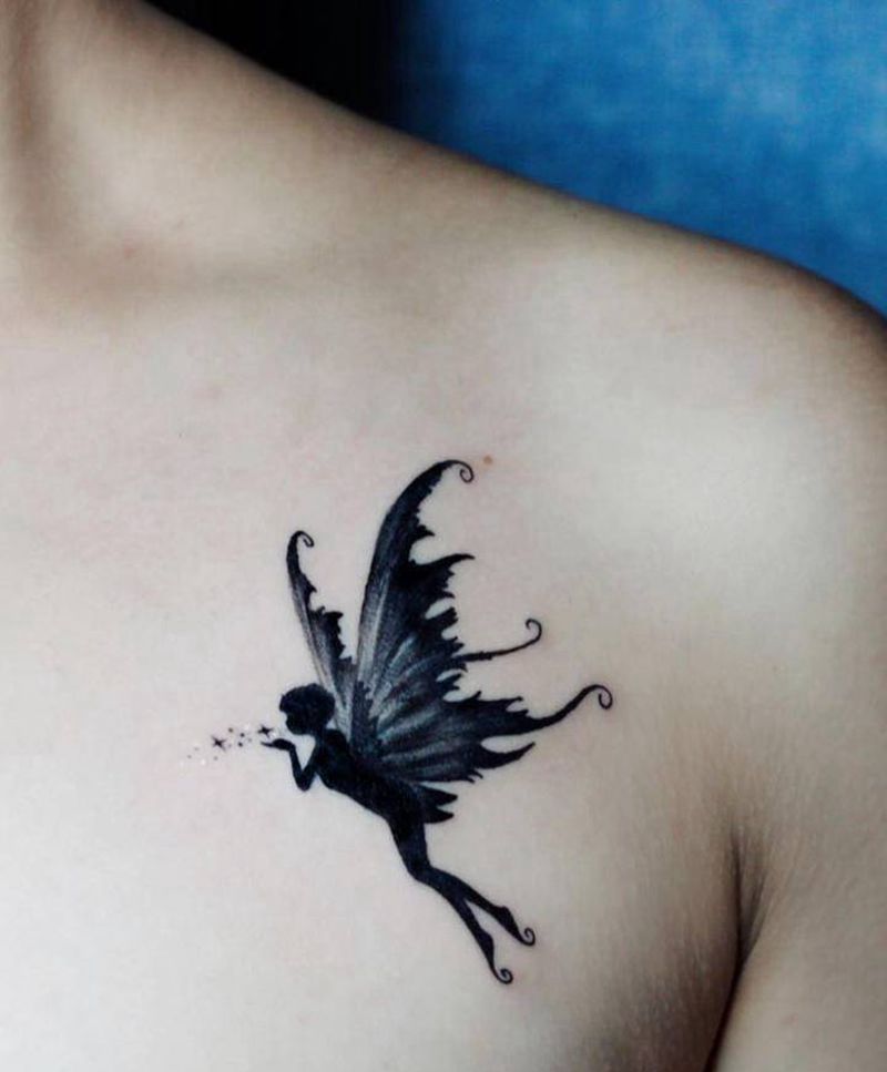 精灵纹身纹身图片_胸部水墨剪影仙子黑灰纹身图案