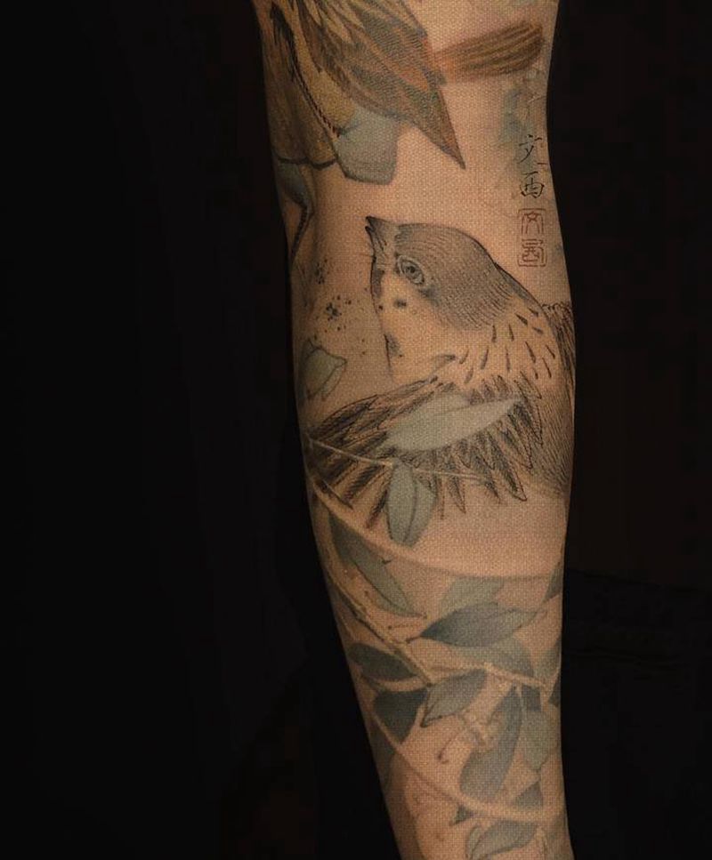 南山双栖图纹身图片_手臂手部新传统国画花鸟纹身图案