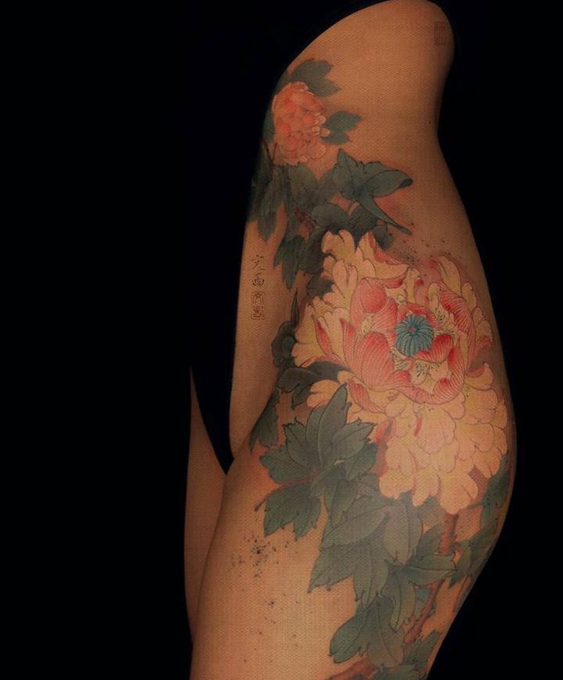 洛阳纹身图片_腿部新传统牡丹中国风纹身图案