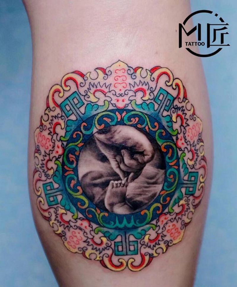 父与子纹身图片_腿部欧美写实纹身图案