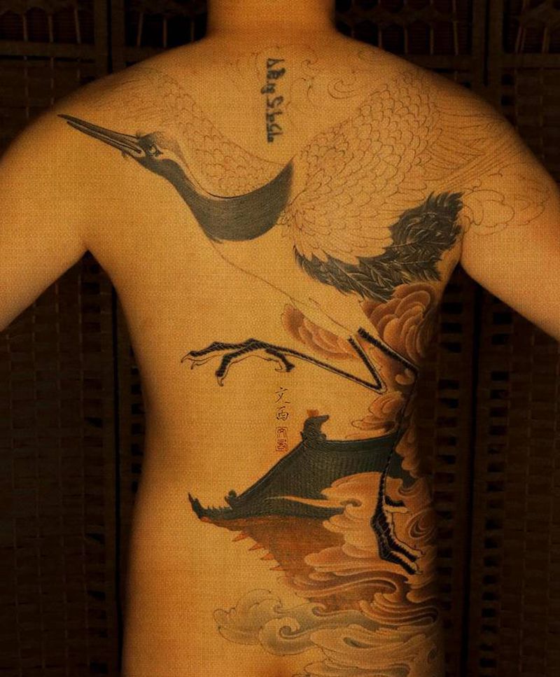 《新瑞鹤图》纹身图片_背部腰部新传统国画鹤纹身图案