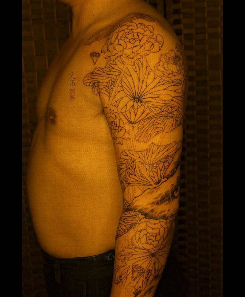 洞庭风细纹身图片_肩部手臂新传统水墨莲花白描纹身图案