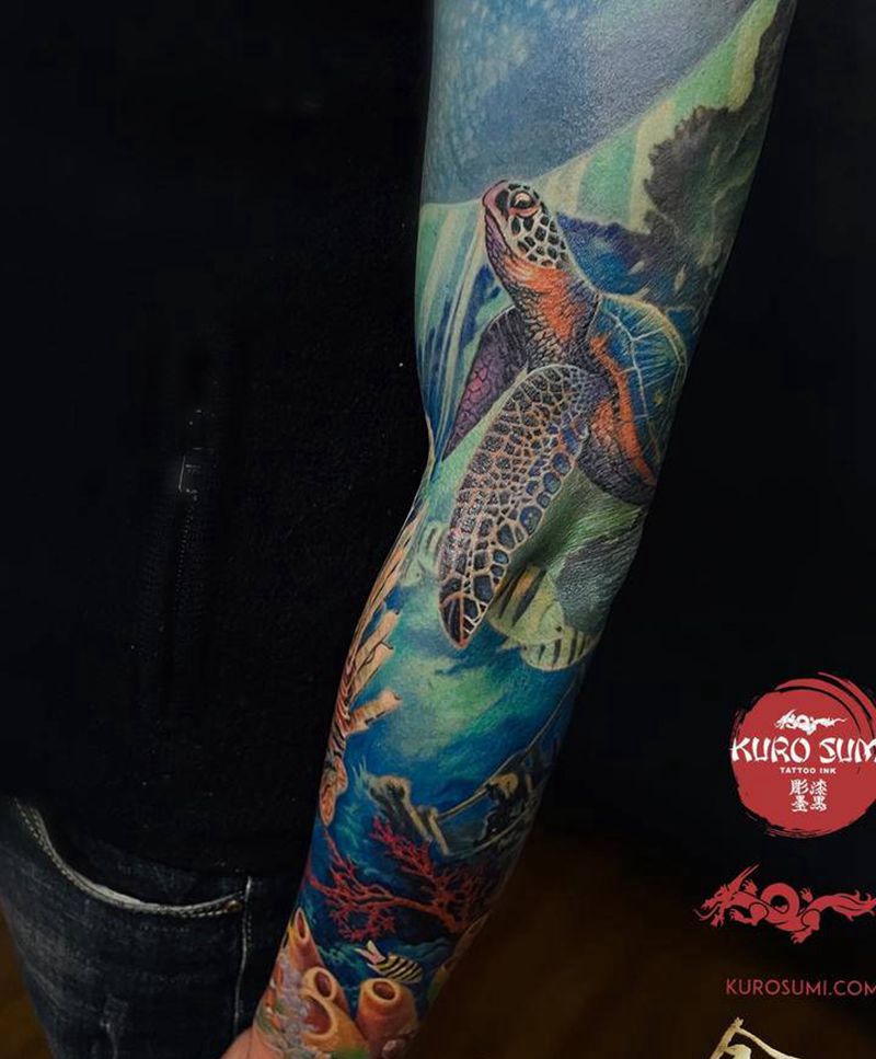 海龟纹身图片_手臂欧美写实纹身图案