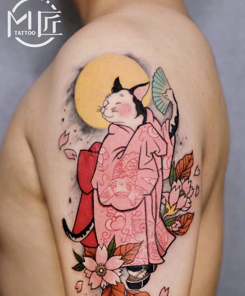 传统 猫纹身图片_手臂老传统新传统猫纹身图案