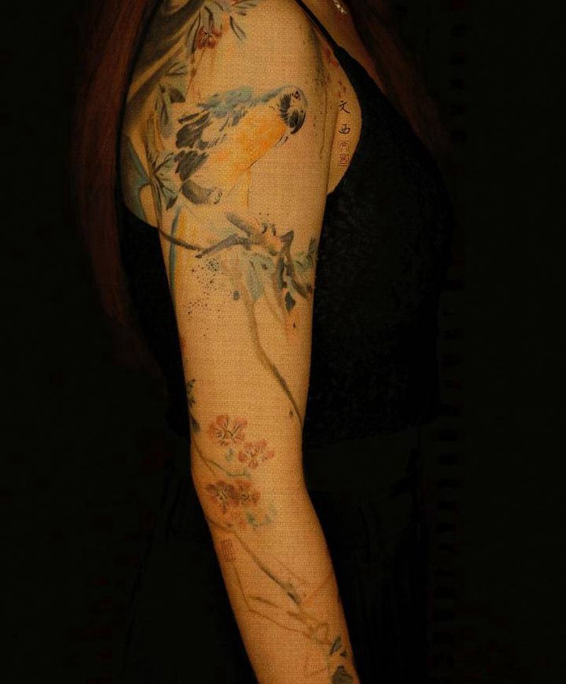 追忆雪涛纹身图片_手臂手部新传统水墨鹦鹉花鸟画花鸟画纹身图案