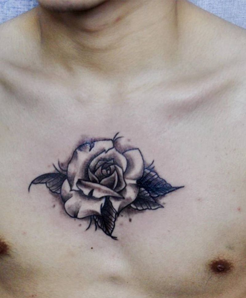 玫瑰花纹身图片_胸部New School玫瑰花纹身图案