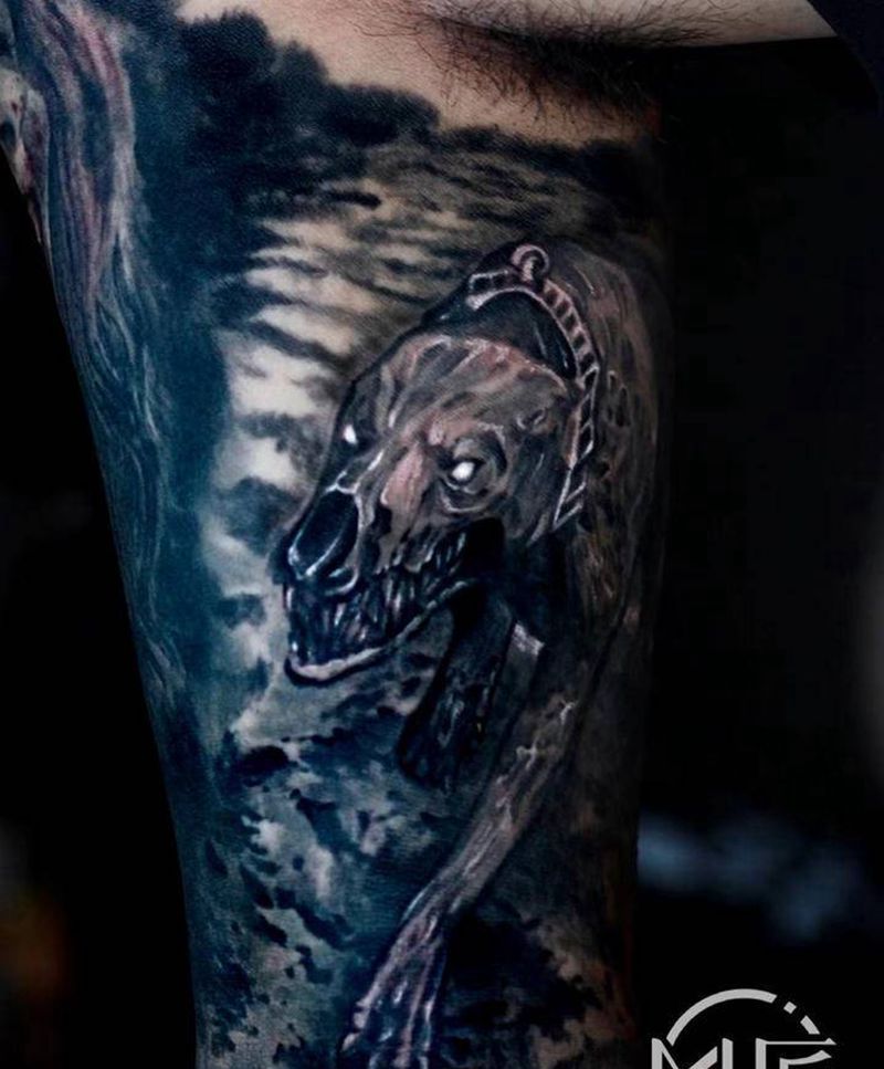 丧尸犬纹身图片_手臂欧美写实狗狗 暗黑纹身图案