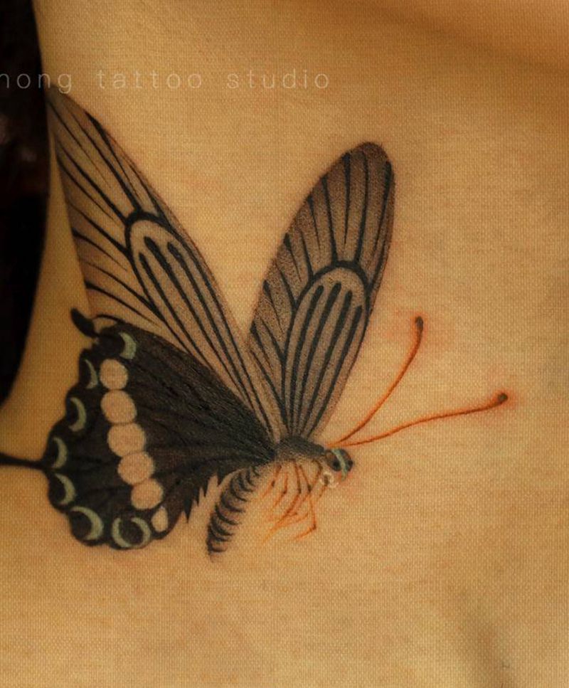 双蝶停梭纹身图片_颈部纹身图案