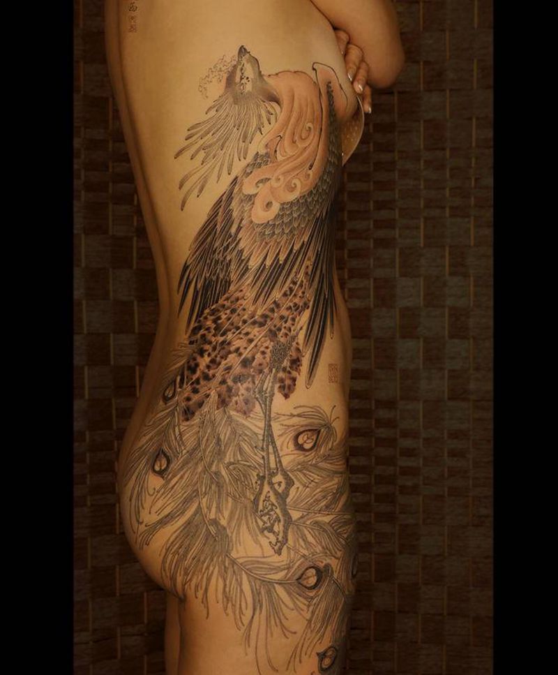 文西凤凰纹身图片_腰部背部水墨水彩凤凰纹身图案