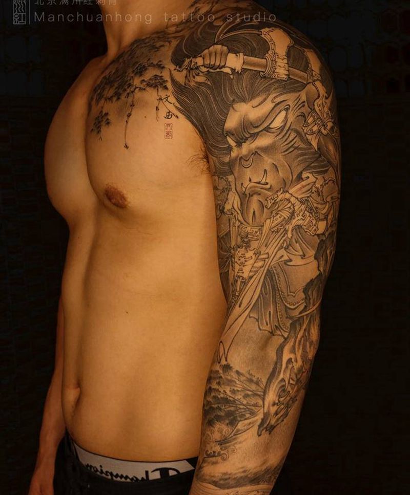 文西工事，刑天纹身图片_手臂手部新传统老传统刑天花臂纹身图案