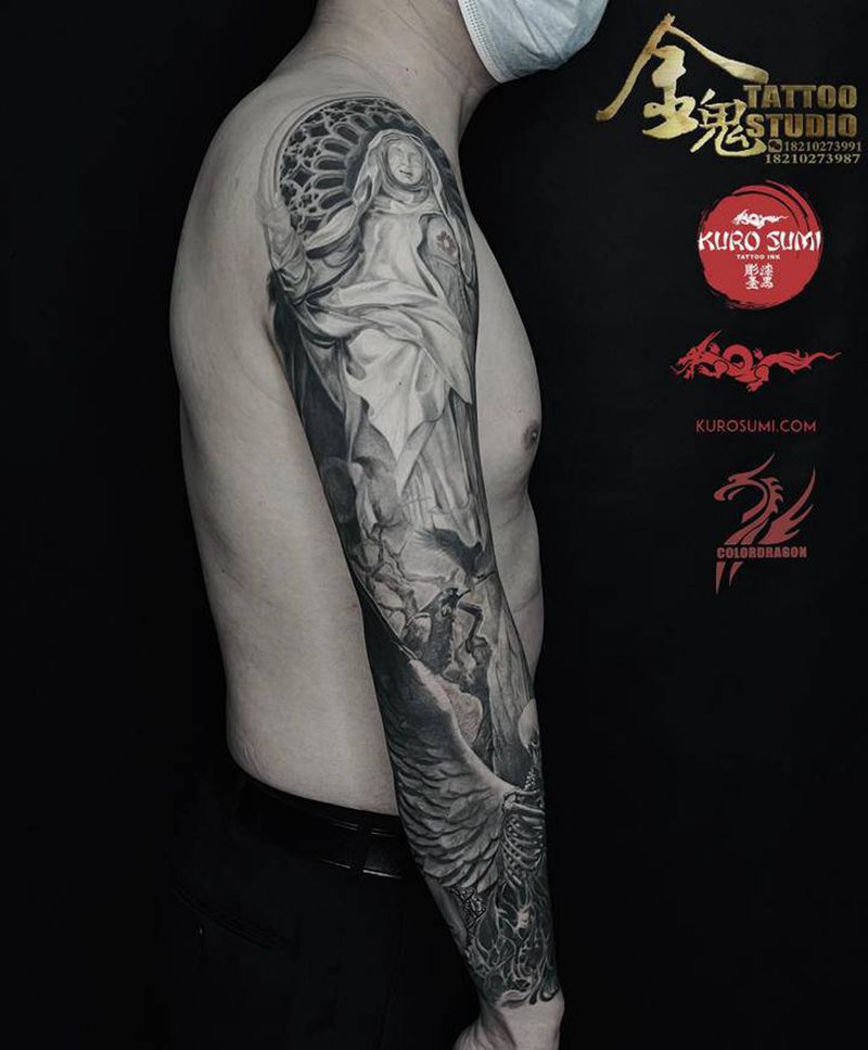 圣母花臂纹身图片_手臂欧美写实花臂爱丽丝圣母纹身图案