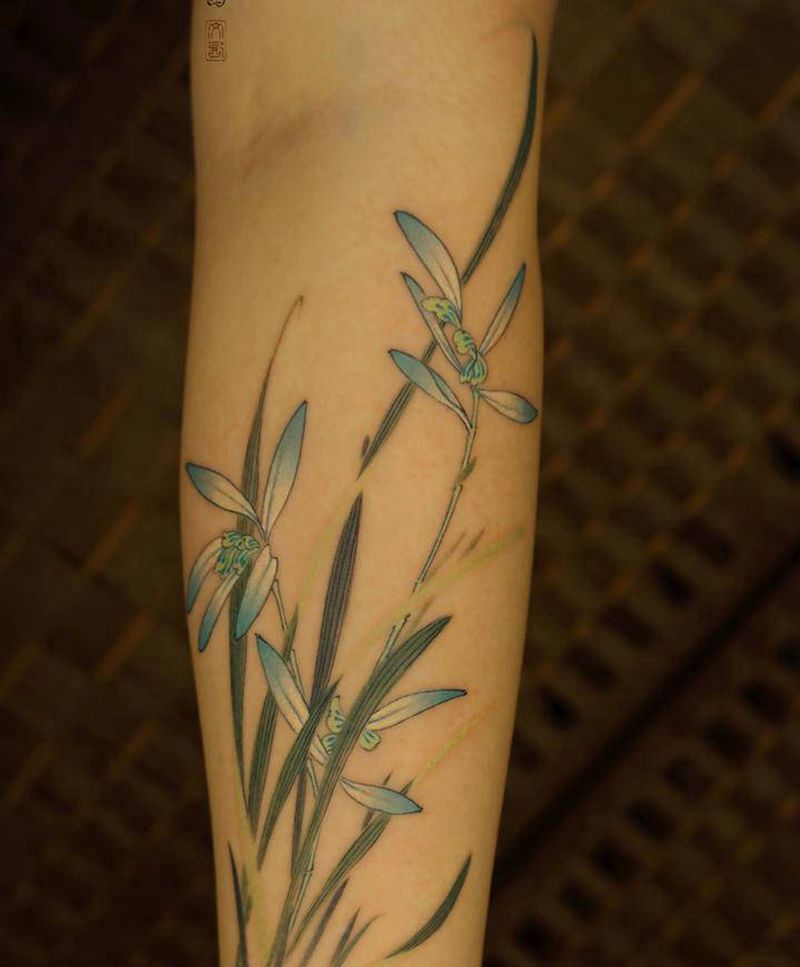 身佩兰花 ，幽而有芳纹身图片_手臂手部水彩水墨兰花手臂工笔画纹身图案