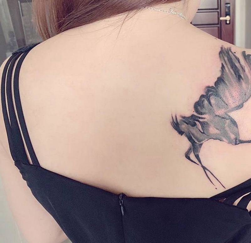 仙鹤纹身图片_肩部水彩水墨鹤纹身图案