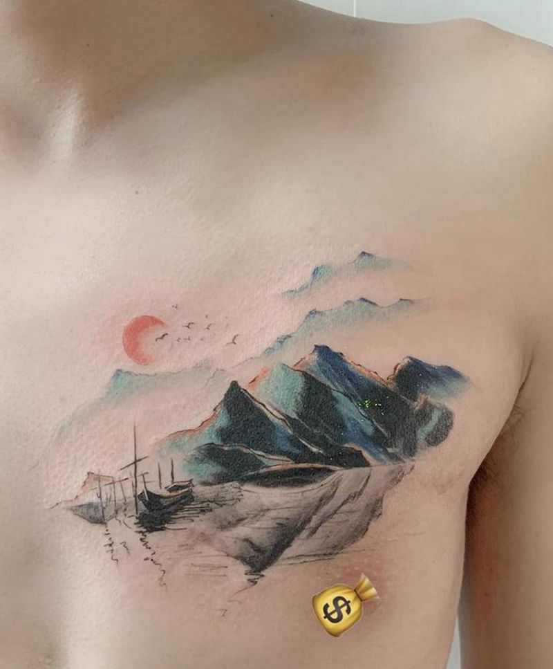 风景图纹身图片_胸部水彩风景画纹身图案