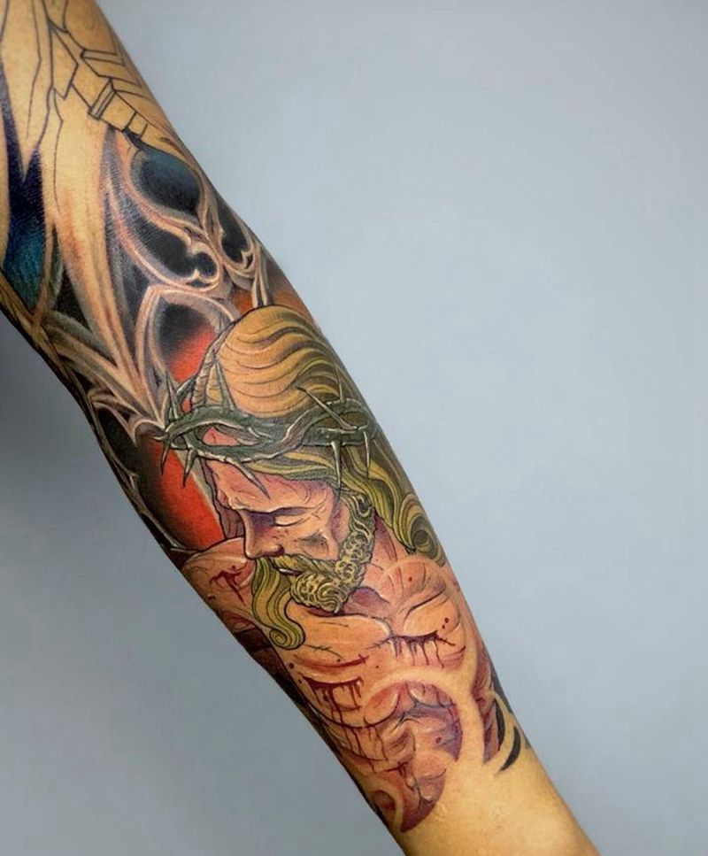 耶稣爱你纹身图片_手臂手部欧美写实New School花臂纹身耶稣纹身上帝纹身图案