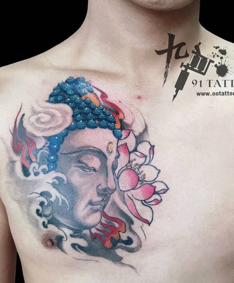 佛头纹身图片_胸部新传统佛头纹身图案