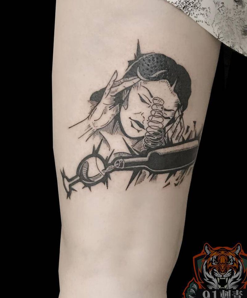 暗黑纹身图片_腿部几何点刺女孩纹身图案