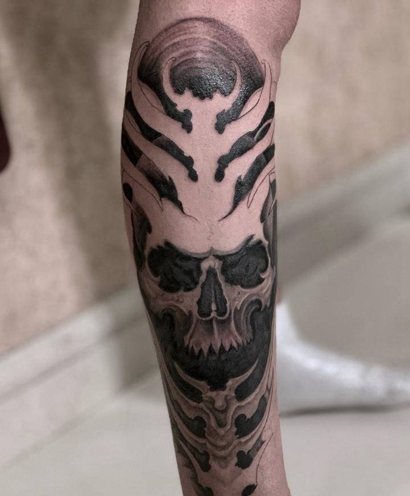 骷髅纹身图片_腿部纹身图案