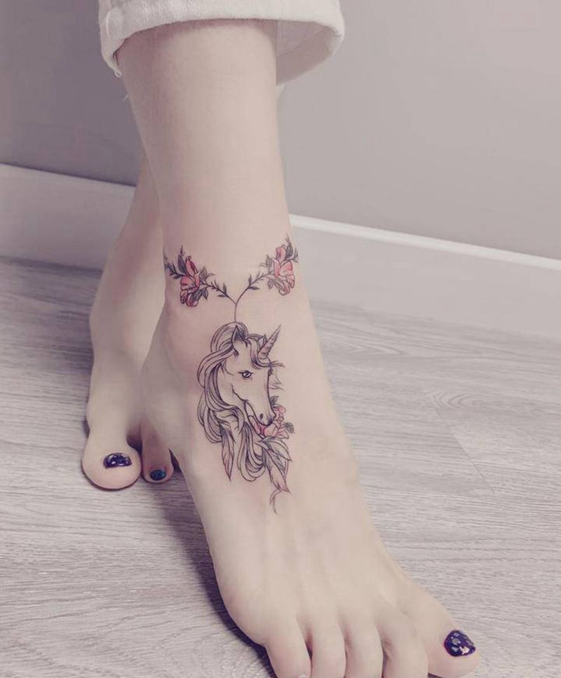 脚链独角兽纹身图片_腿部脚部欧美写实水彩独角兽纹身脚踝纹身脚面纹身纹身图案