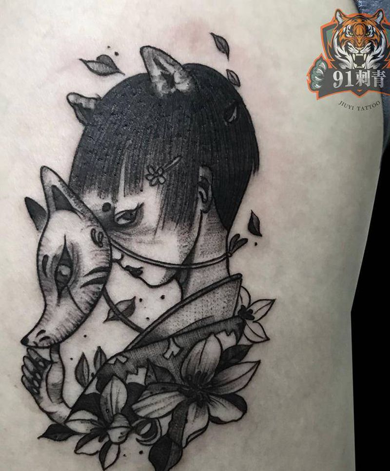 暗黑系女孩纹身图片_腿部暗黑风格女孩纹身图案