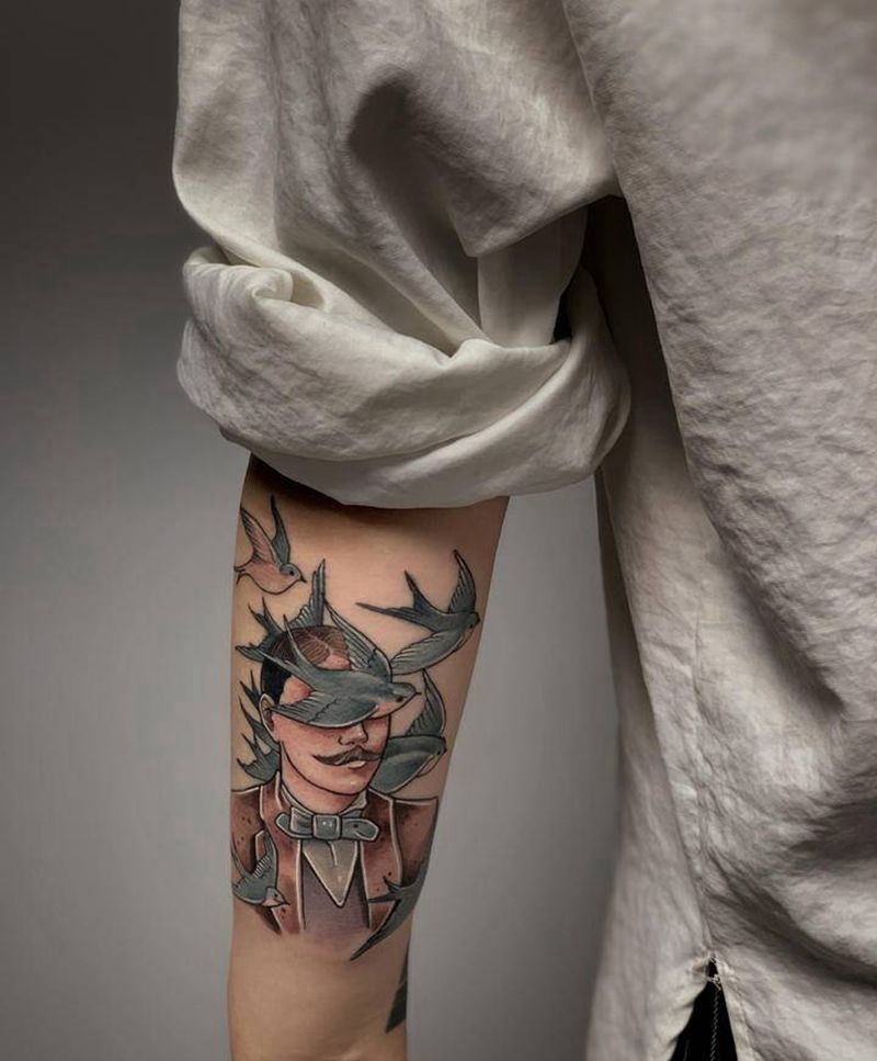 OldSchool男纹身图片_手部手臂Old School水彩复古纹身小臂纹身燕子纹身纹身图案