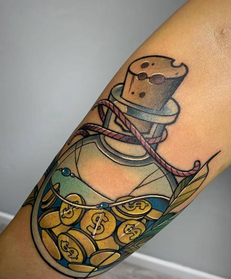 招财瓶儿纹身图片_手臂手部New School欧美写实小臂纹身招财纹身金币纹身纹身图案