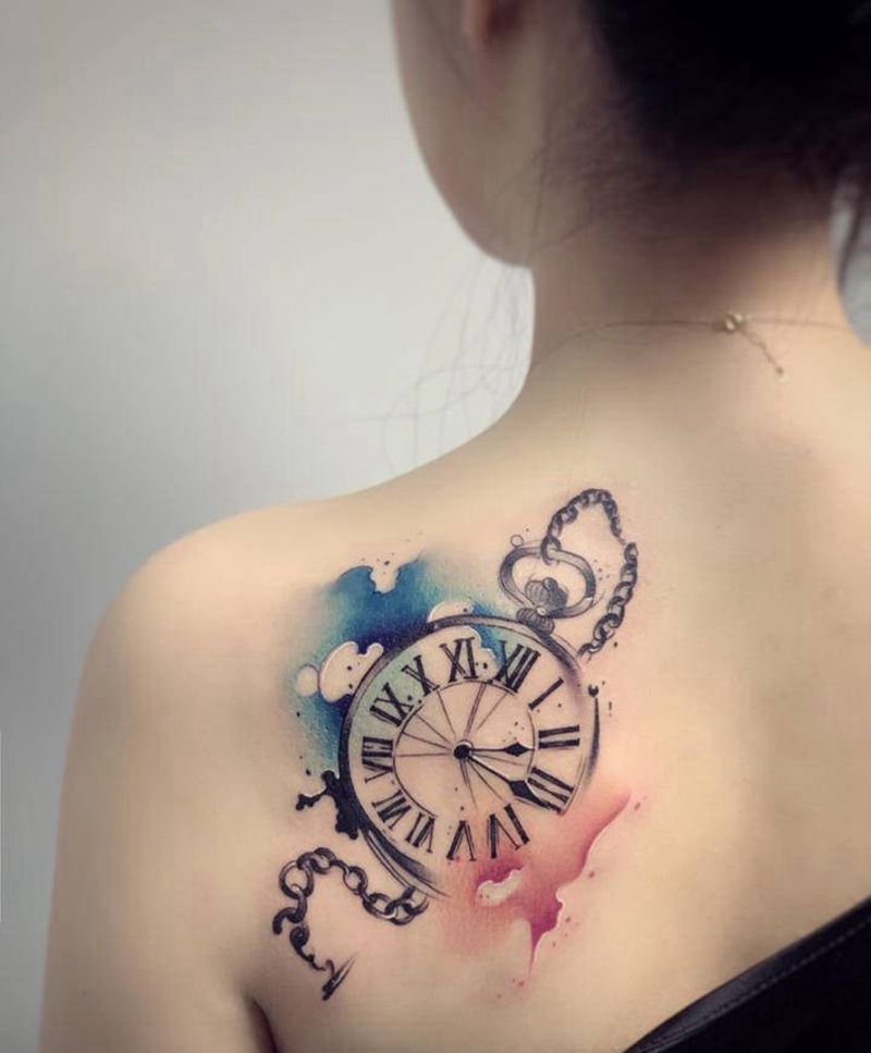 水彩时钟纹身图片_肩部背部水墨水彩水彩后背纹身纹身图案