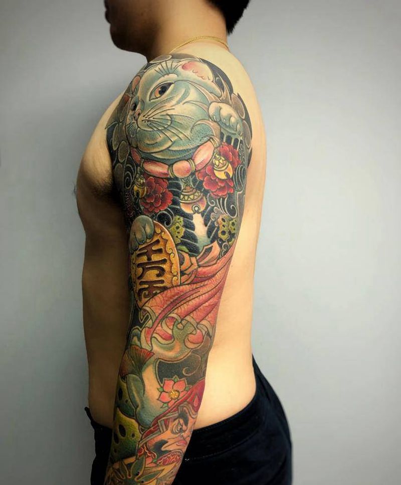 和风花臂纹身图片_肩部手臂老传统新传统日式纹身传统纹身招财猫纹身图案