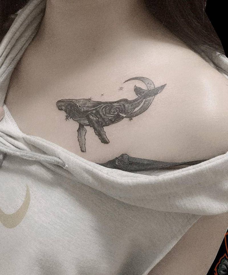 鲸鱼遮盖纹身图片_胸部点刺鲸鱼纹身图案