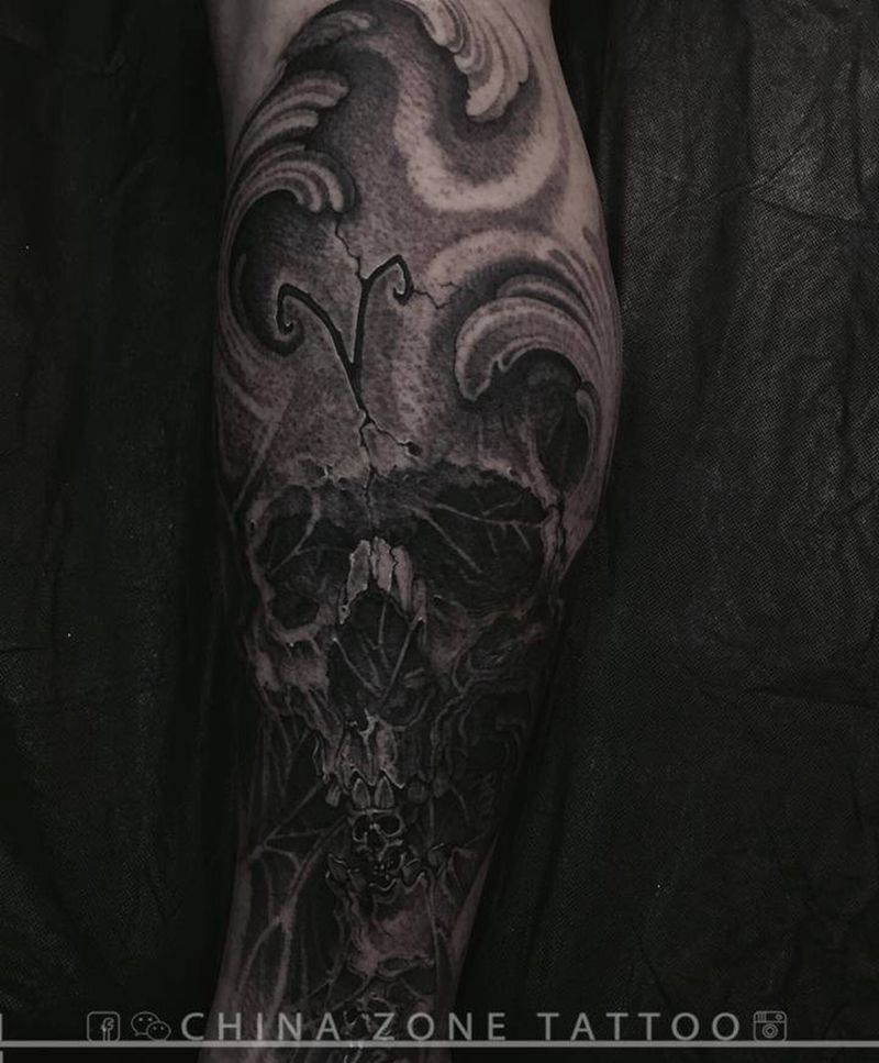 王位作品纹身图片_脚部腿部新传统New School骷髅纹身图案