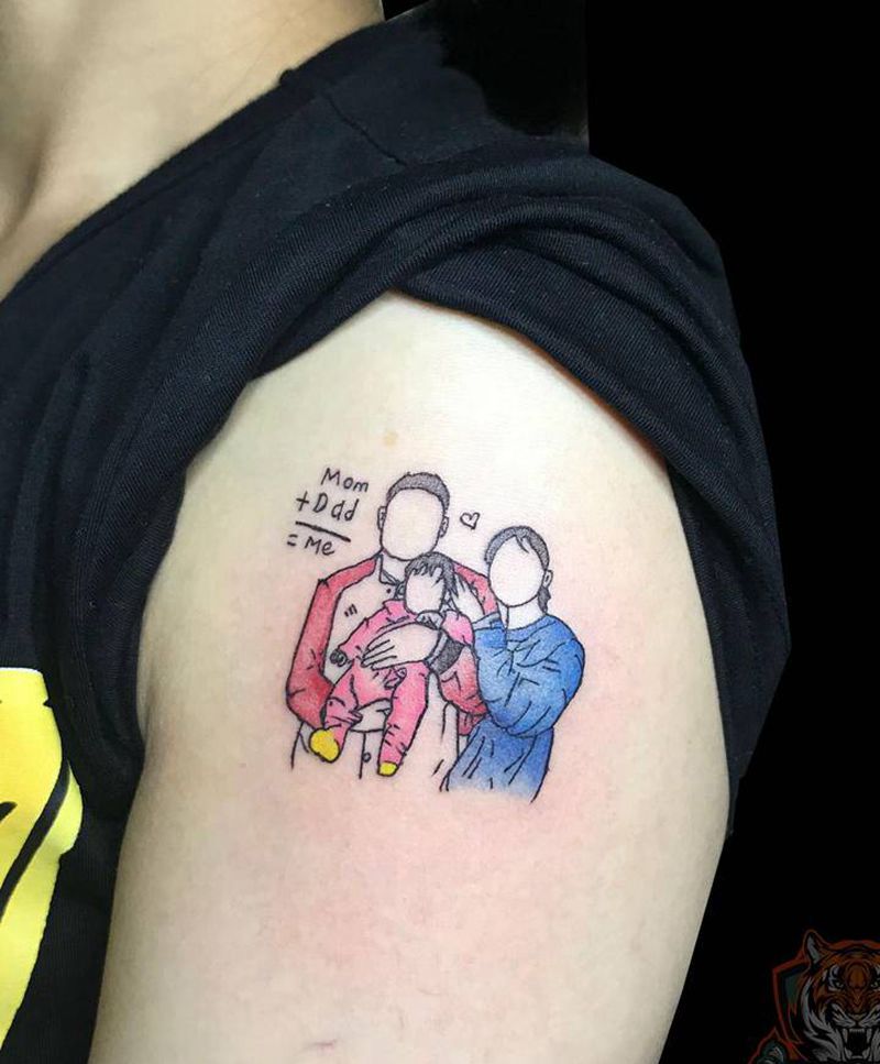 全家福纹身图片_手臂水彩全家福简笔画纹身图案