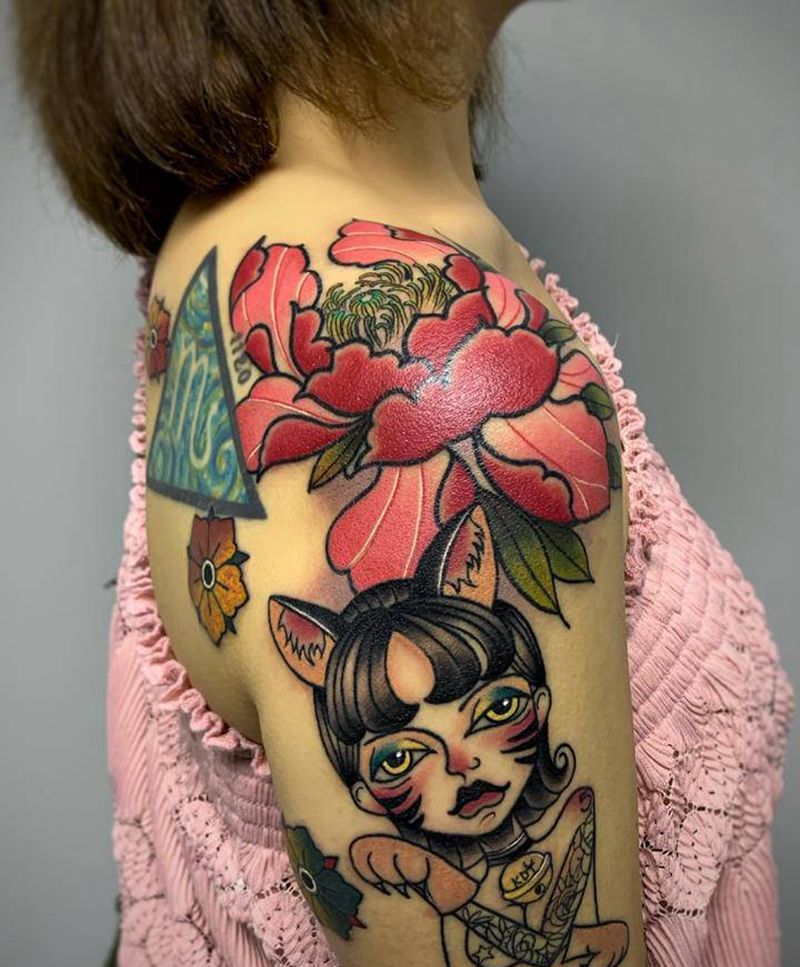 School牡丹肩纹身图片_肩部手臂New SchoolOld School牡丹纹身半胛纹身彩色纹身纹身图案