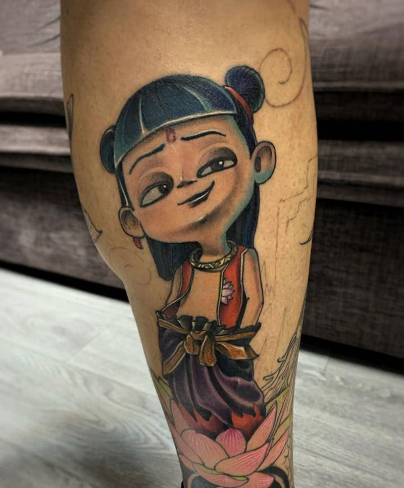 哪吒纹身图片_腿部脚部新传统欧美写实哪吒纹身哪吒小哪吒纹身图案